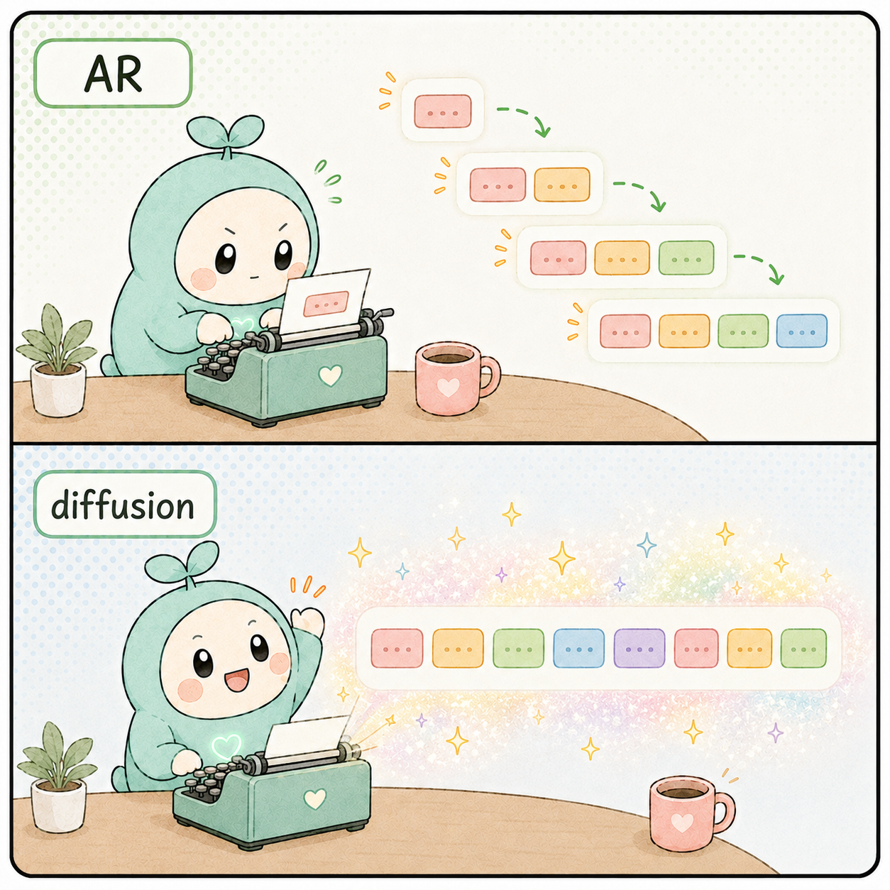 Cartoon: autoregressive one-word-at-a-time generation versus parallel diffusion generation