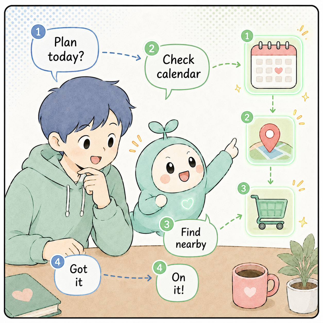 Cartoon: the robot calls calendar, map, and shopping tools between conversation turns